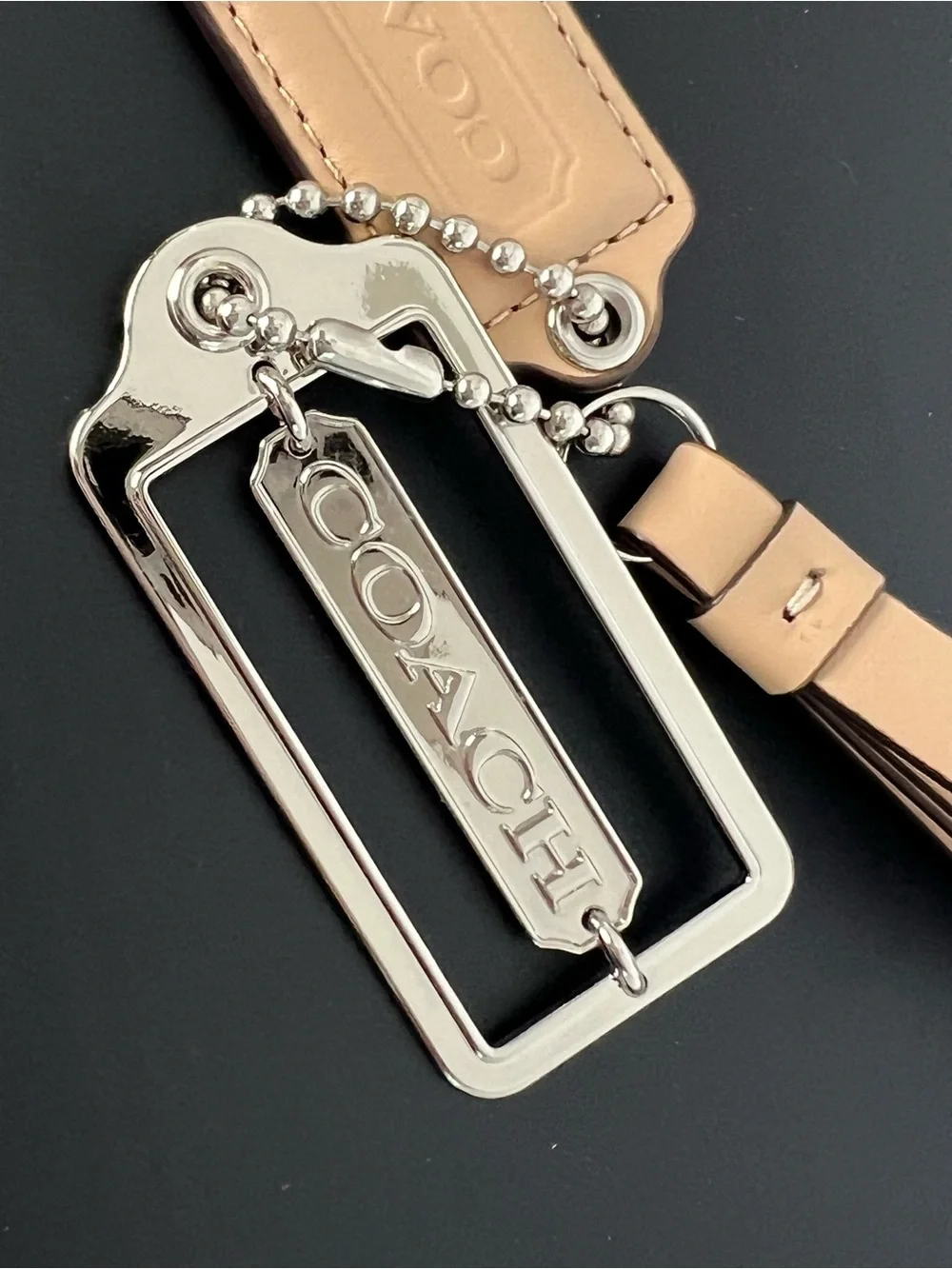 COACH Beige Leather Silver Logo 3 Piece Bag Charm Keychain Hang Tag Set
